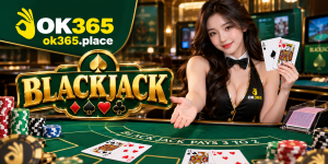 Giao diện bàn Blackjack OK365 với dealer, bộ bài và các lựa chọn Hit – Stand – Double Down